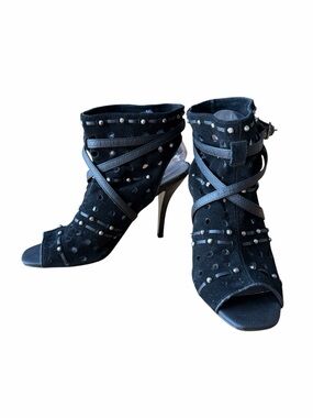 Fergie Black Studded Suede Peep-Toe High Heel Booties